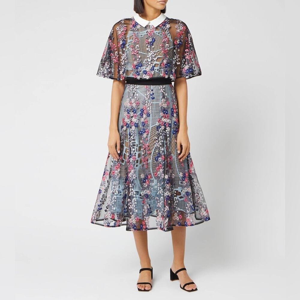 New Self-Portrait‎ Floral Vine Collared Midi Dress